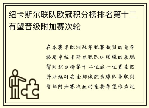 纽卡斯尔联队欧冠积分榜排名第十二有望晋级附加赛次轮 纽卡斯尔联队欧冠积分榜排名第十二有望晋级附加赛次轮